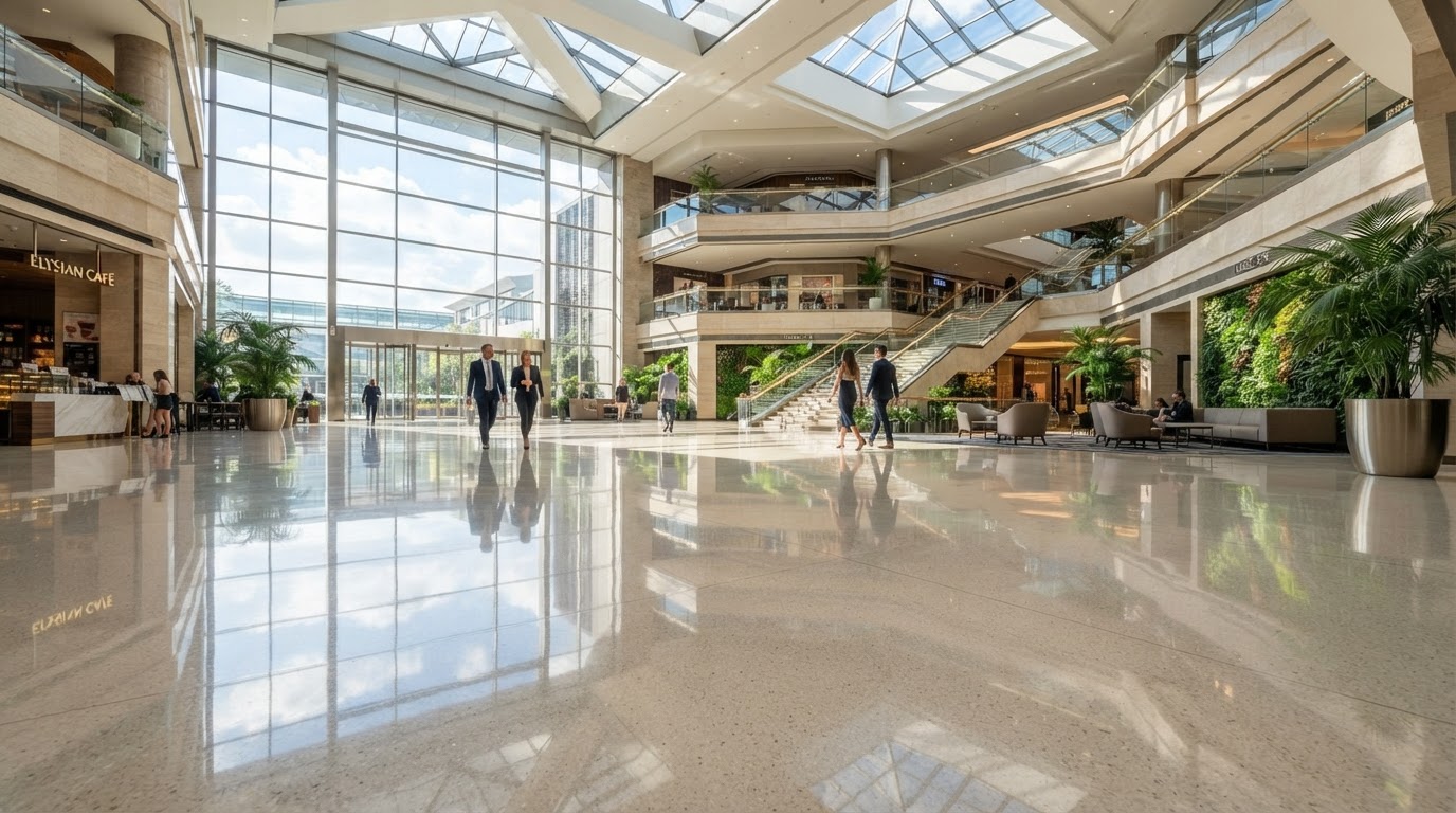 Luminous polished mirror-finish terrazzo floor in a bright commercial space