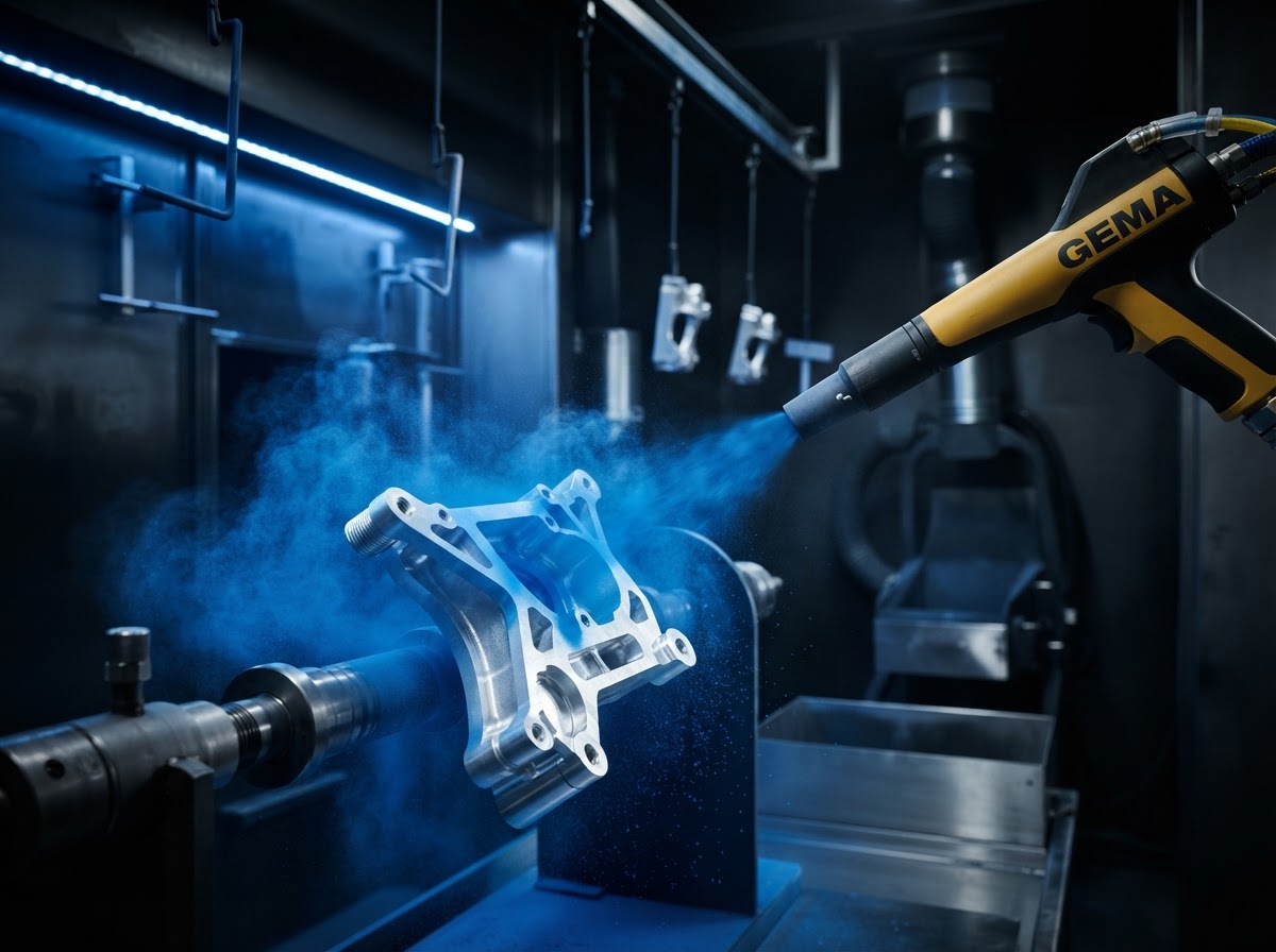 Electrostatic dry powder coating application in professional booth