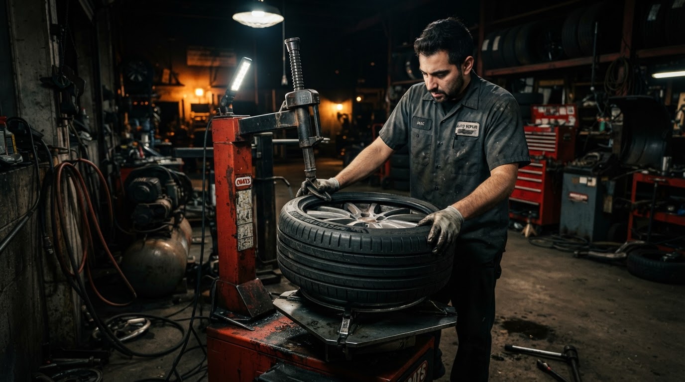 Tire being mounted on a tire machine at Rebel Motorworks in Plymouth, MA