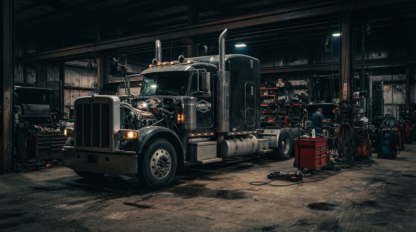 Class 8 semi truck inside a repair bay at Rebel Motorworks in Plymouth, MA