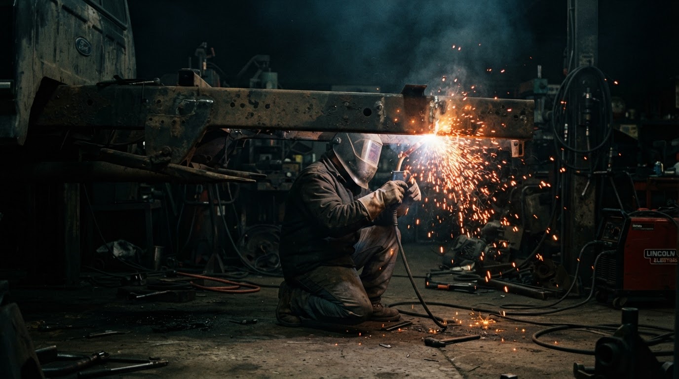 Mechanic welding a truck frame with bright sparks flying at Rebel Motorworks in Plymouth, MA