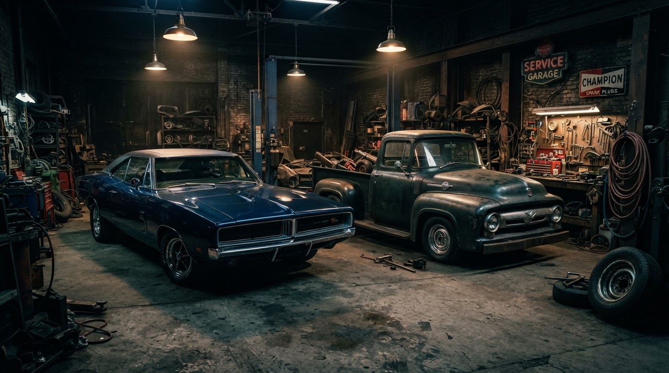 Classic American muscle car and vintage truck at Rebel Motorworks in Plymouth, MA