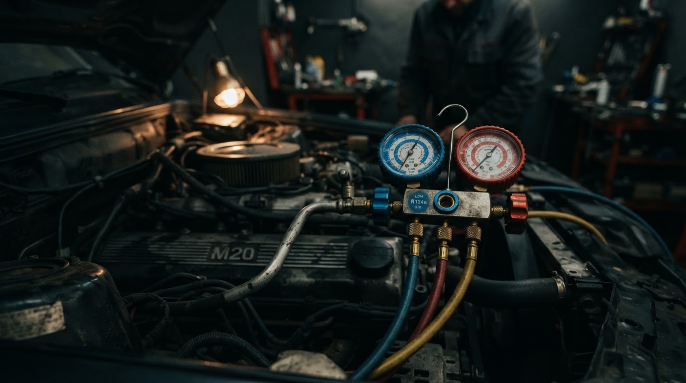 A/C service gauges connected to a vehicle's A/C system at Rebel Motorworks in Plymouth, MA