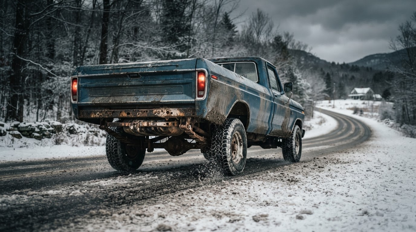 Salty New England winter road that causes frame rust on South Shore vehicles