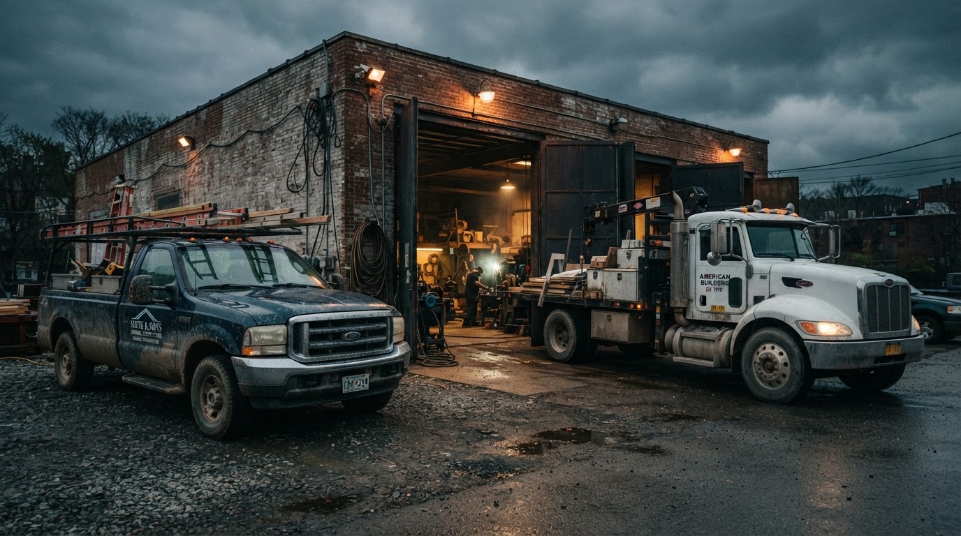 Work pickup and contractor truck parked outside Rebel Motorworks in Plymouth, MA