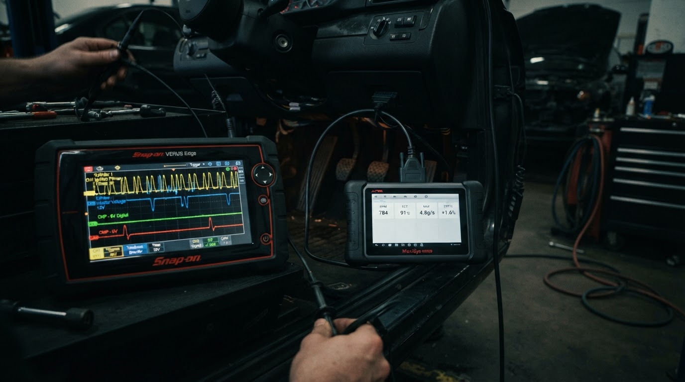 Oscilloscope diagnostic screen at Rebel Motorworks