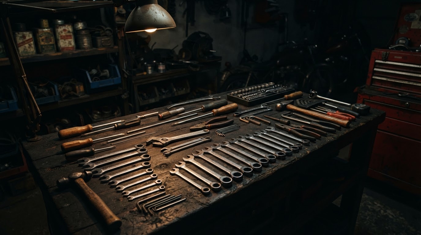 Tools laid out on a workbench at Rebel Motorworks in Plymouth, MA