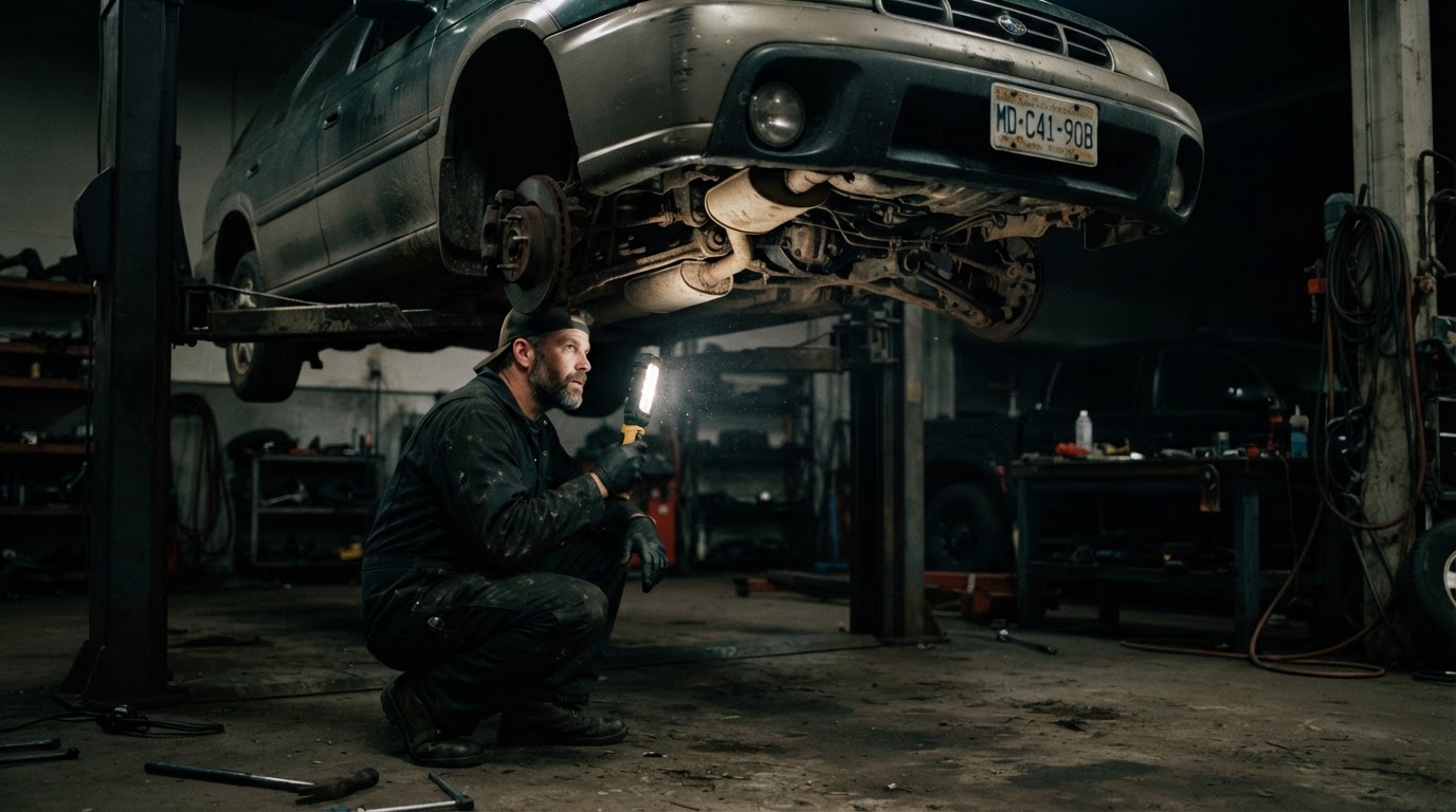 Used car being inspected on a lift at Rebel Motorworks in Plymouth, MA