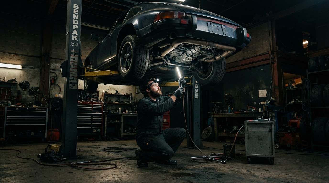 Vehicle raised on a hydraulic lift in a garage at Rebel Motorworks in Plymouth, MA