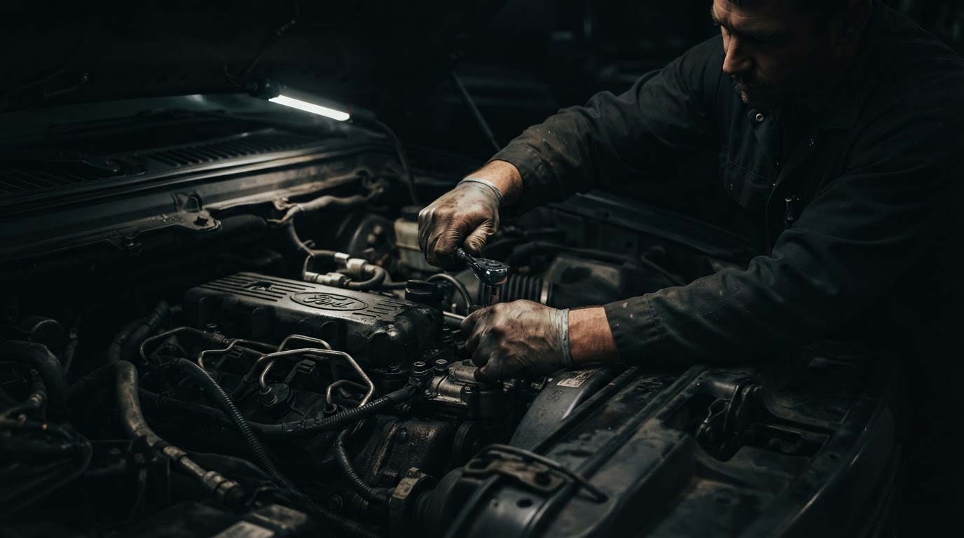 Open engine bay with a technician's hands and tools at Rebel Motorworks in Plymouth, MA