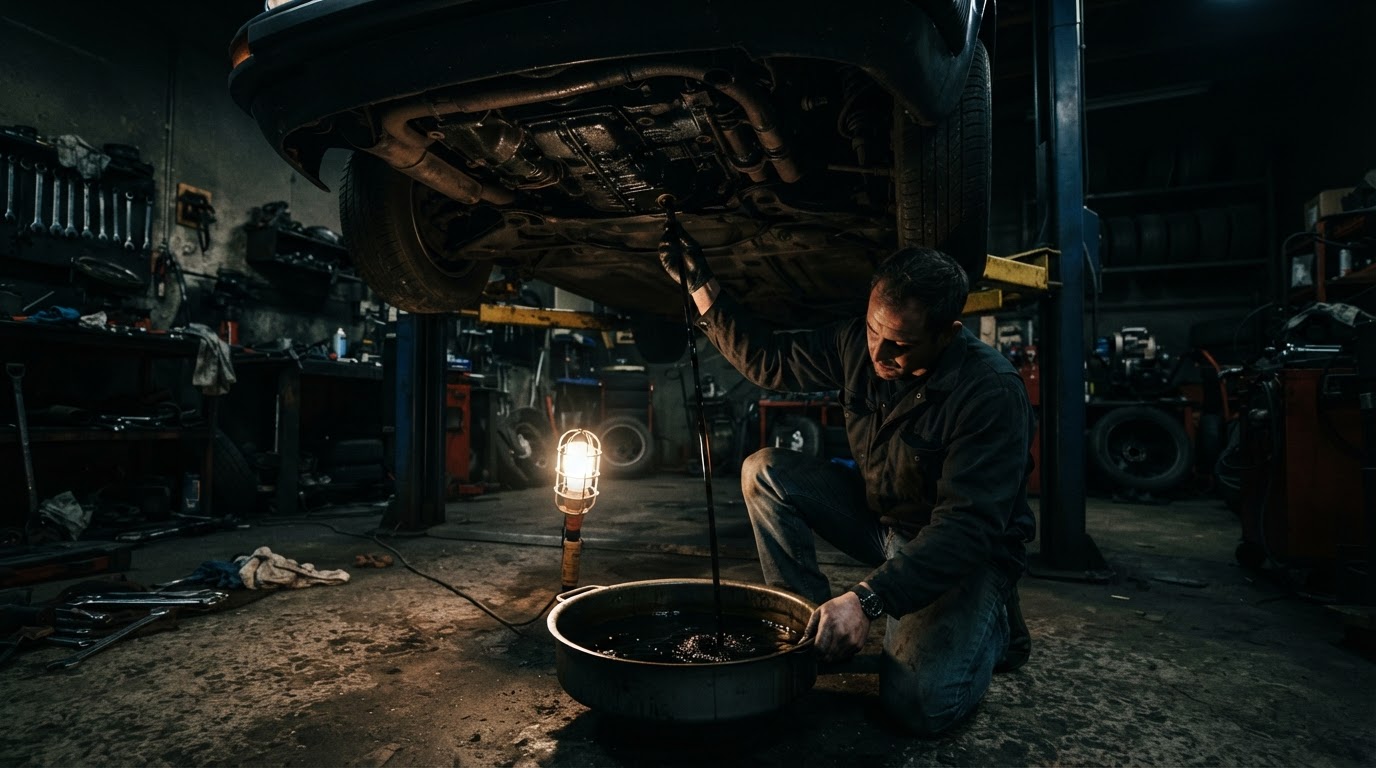 Oil being drained during an oil change at Rebel Motorworks in Plymouth, MA
