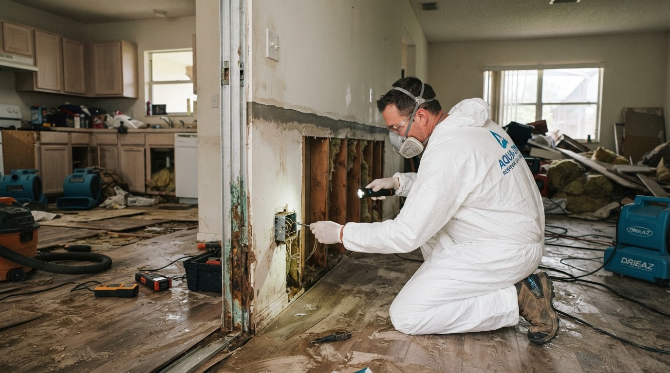 Restoration professional in protective equipment assessing corrosion and water residue lines on drywall inside a Florida home after saltwater storm surge flooding