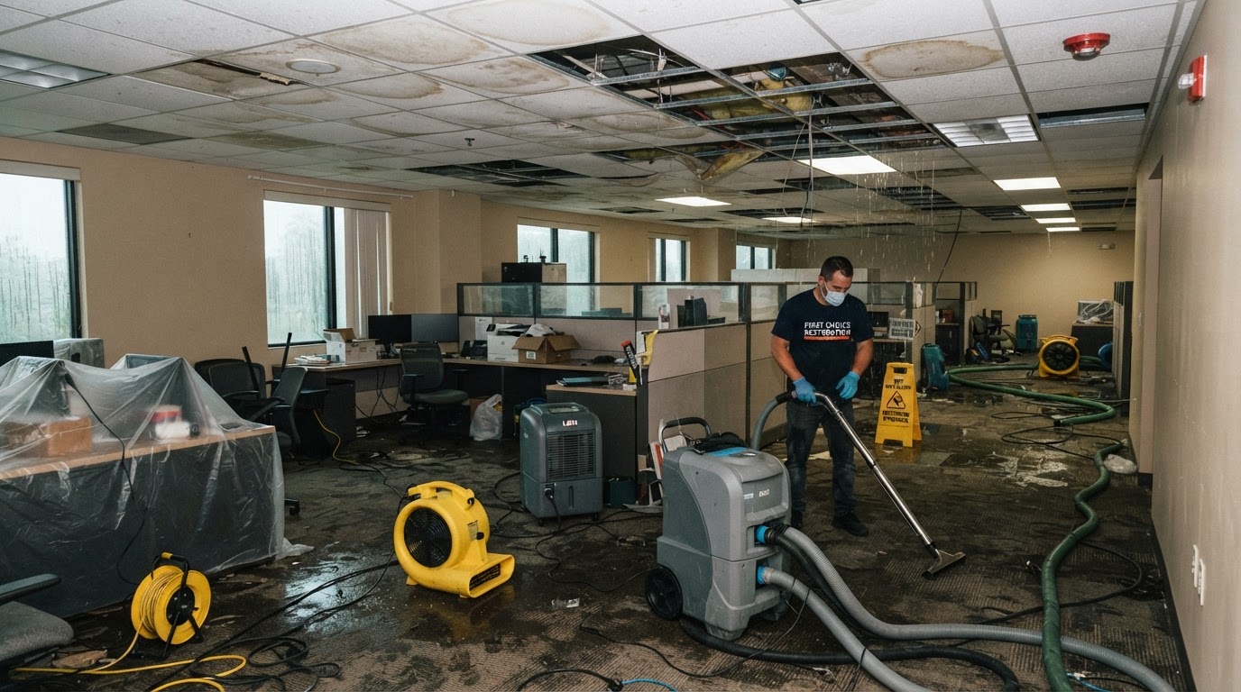 Commercial water damage restoration in a Murdock Florida office or retail interior with water extraction equipment and industrial drying fans set up among damaged ceiling tiles and wet flooring