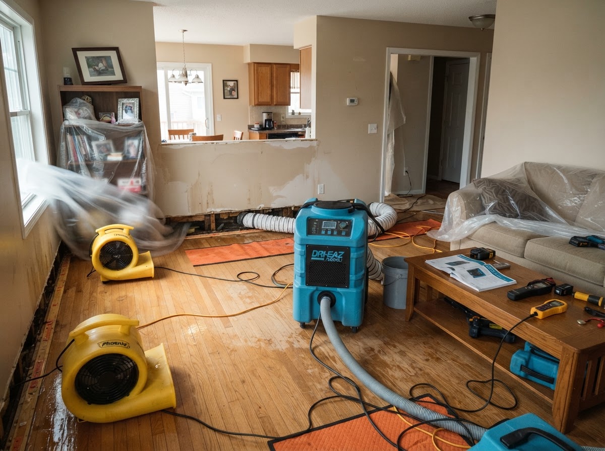 Structural drying equipment inside a water-damaged residential room