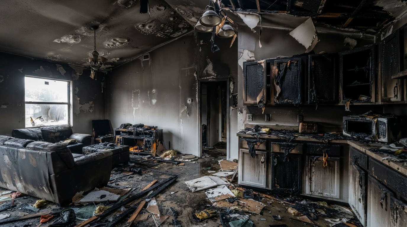 Representative interior room in Cape Coral with soot-stained walls and smoke-damaged ceiling before fire restoration