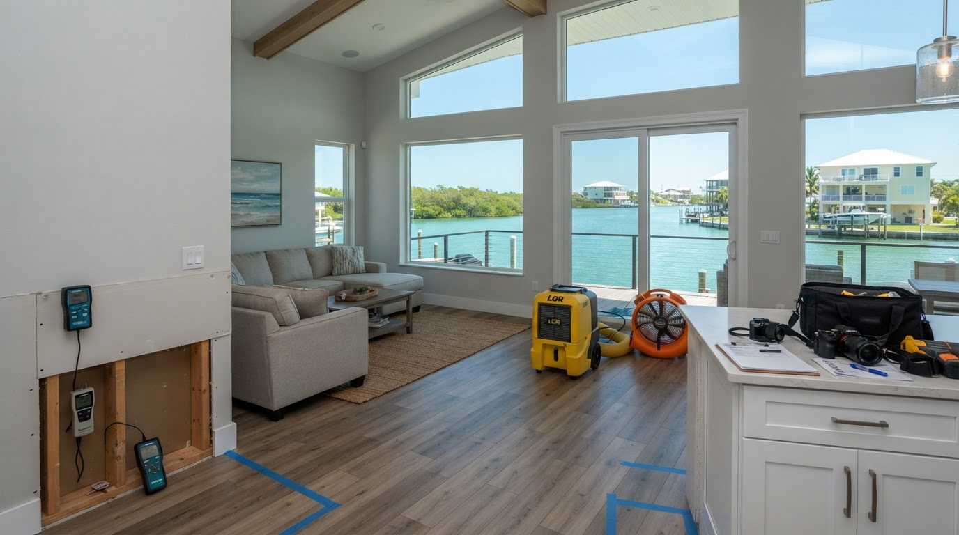 Well-maintained Southwest Florida canal-front home interior undergoing professional flood damage assessment with drying equipment and moisture meters near waterfront windows