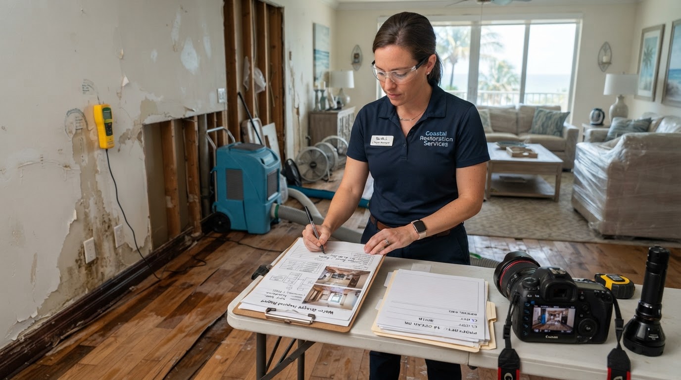 Restoration professional reviewing property damage documentation with photographs, inspection notes, and moisture readings on a clipboard inside a water-damaged Florida home
