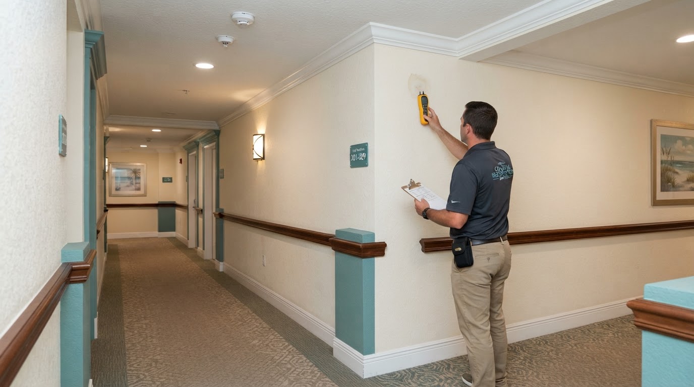 Professional assessment of water damage in a clean Florida condominium corridor or common area during an association-coordinated restoration response