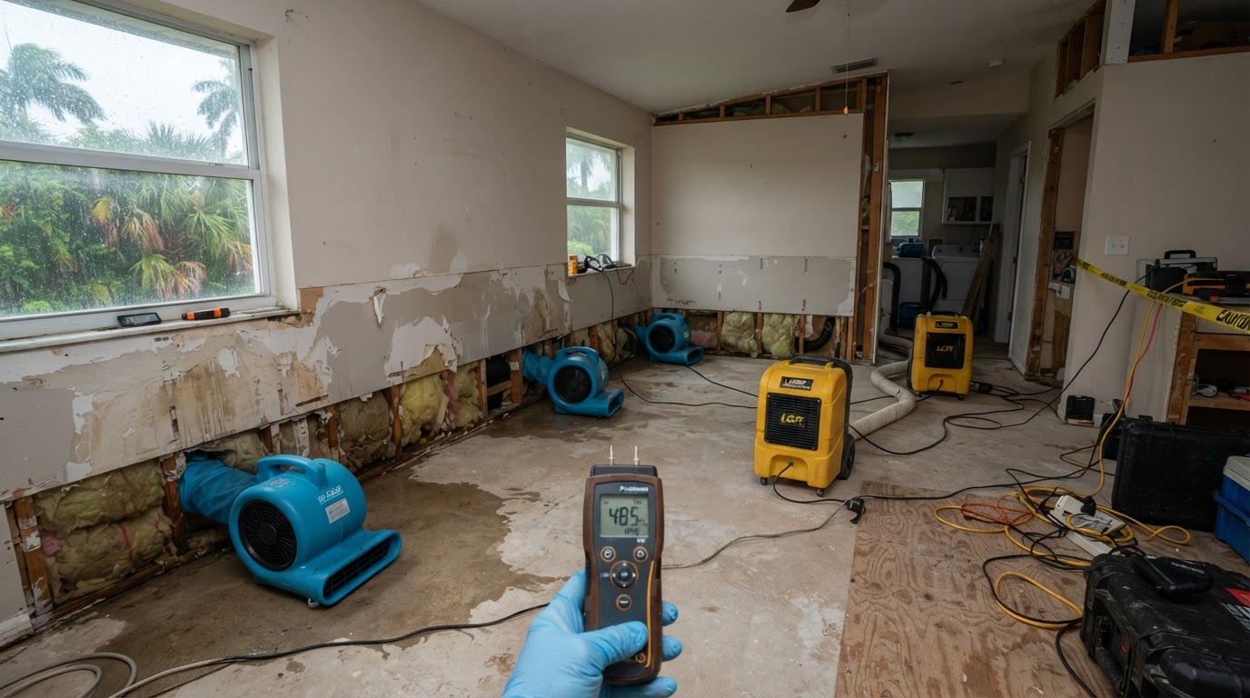 Representative interior in Cape Coral with wet drywall and drying equipment staged before structural drying