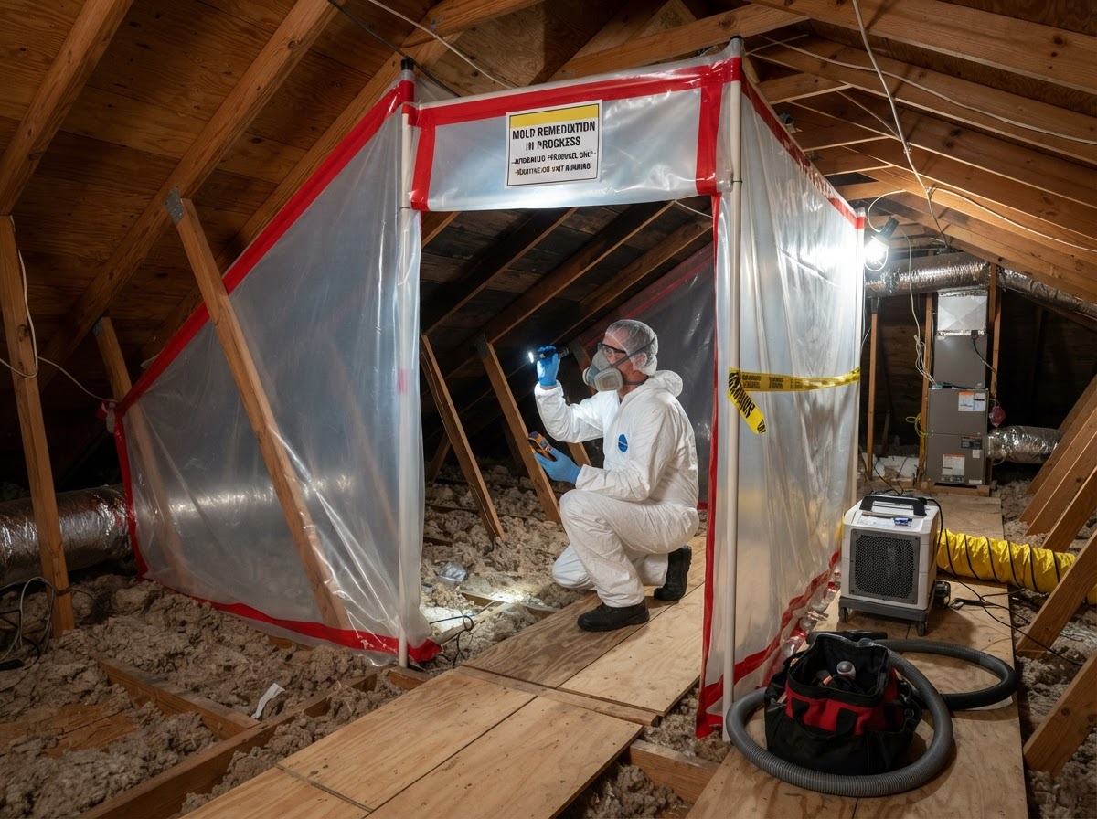 Professional mold remediation containment barrier inside a residential property