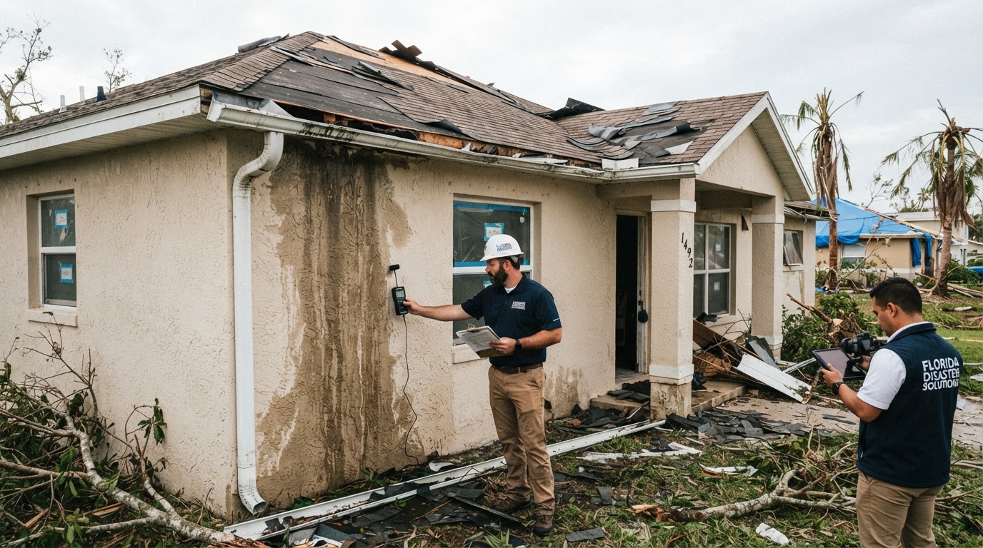 Florida home exterior after hurricane with storm damage, roof shingle damage, wind-driven rain water intrusion, moisture staining on exterior wall, during professional post-hurricane moisture and mold prevention assessment