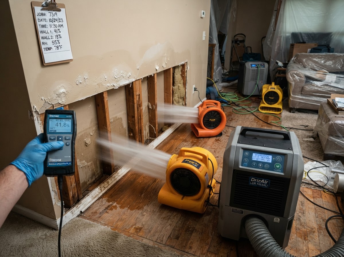 Structural drying equipment and commercial dehumidifier inside a water-damaged home