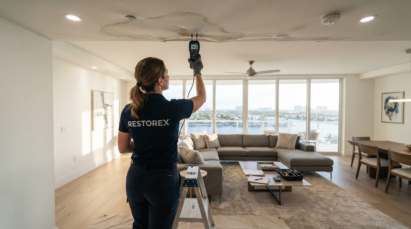 Modern condominium living room with water-damaged ceiling materials and a professional moisture assessment underway following a leak from the unit above