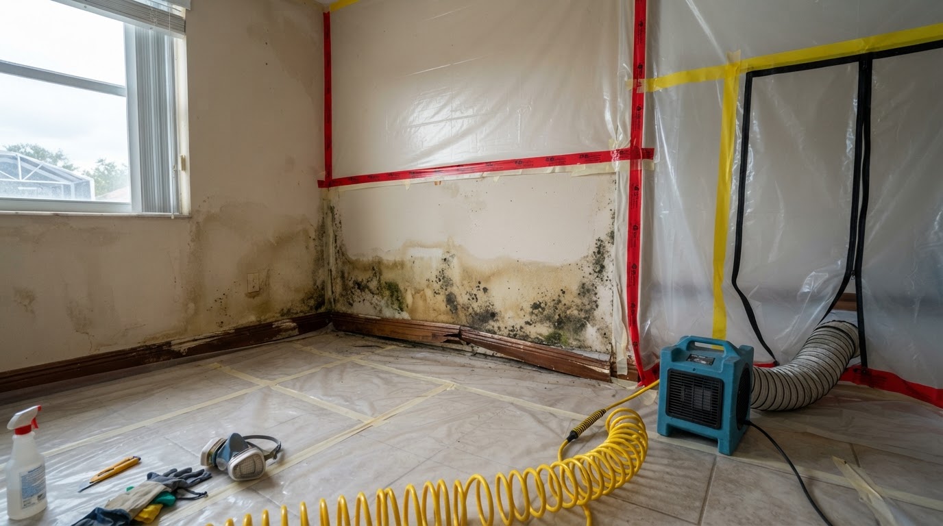 Representative interior room in Cape Coral with localized mold-like growth on water-damaged drywall before remediation