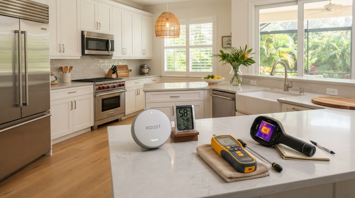 Bright, well-maintained Southwest Florida seasonal residence interior with a water leak detection device and humidity monitor on the kitchen counter