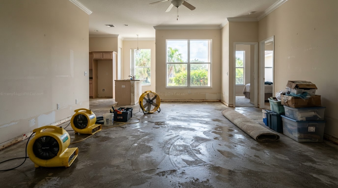 Representative same interior in Englewood after standing water removal, damp floor surface visible, fans staged