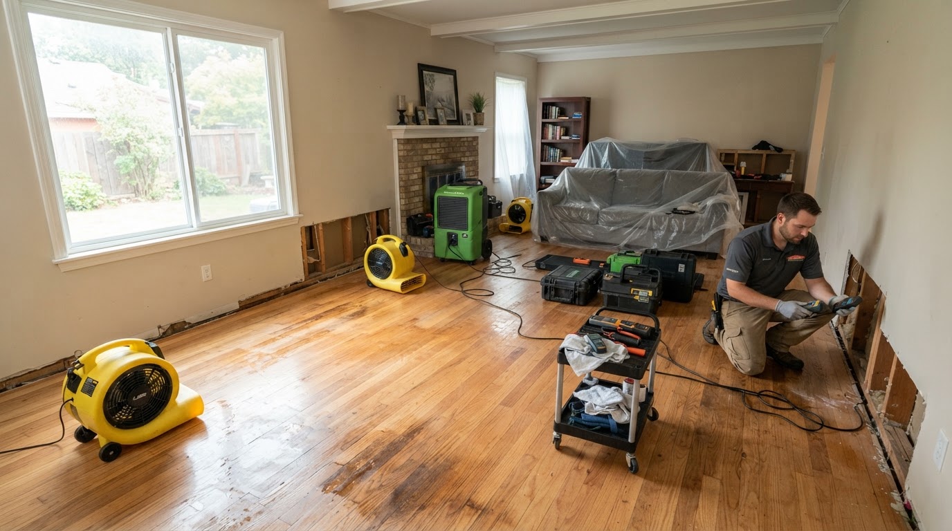 Moisture meter reading displayed beside commercial air movers and a dehumidifier drying a water-damaged residential wall during monitored structural drying