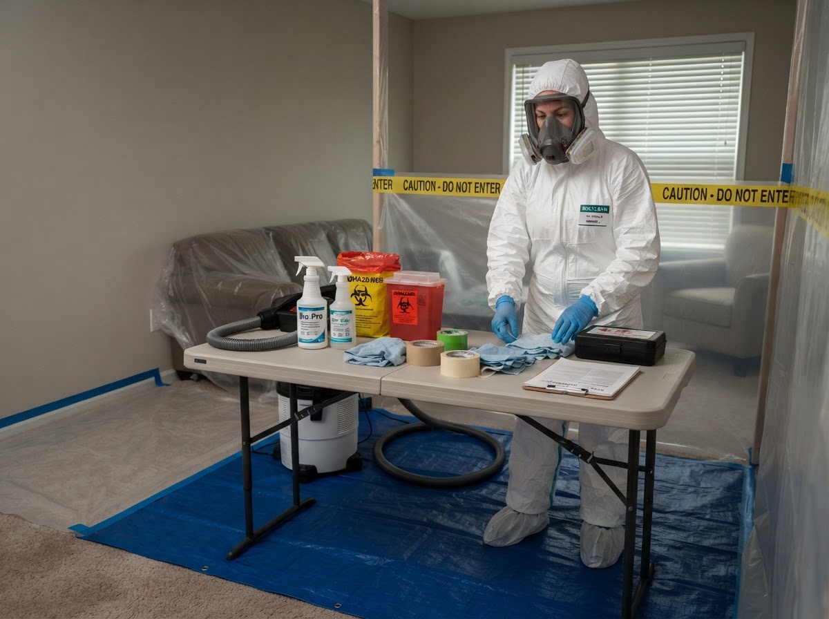 Professional biohazard cleanup specialist preparing a controlled residential work area
