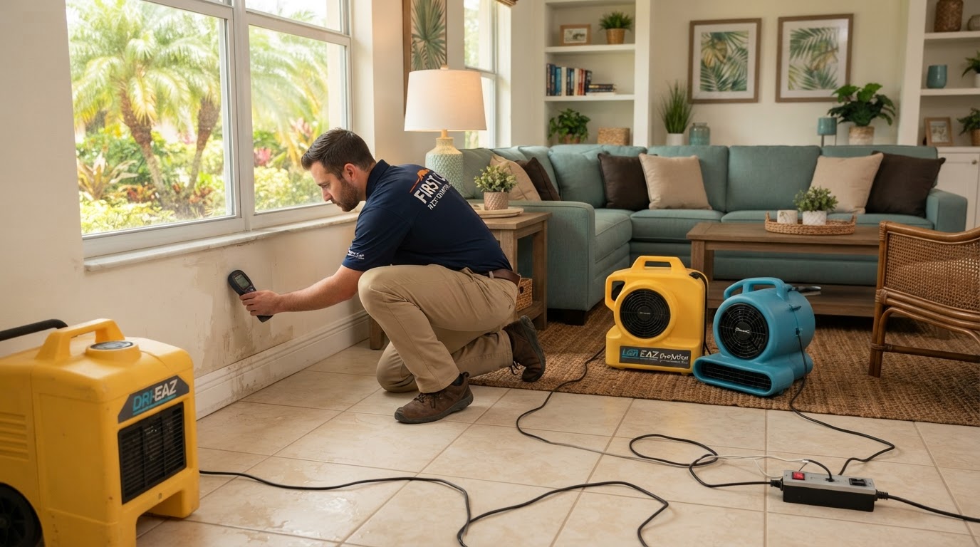 Residential structural drying restoration in a North Port single-family home living room with air movers and a dehumidifier on tile flooring and a technician using a moisture meter on drywall