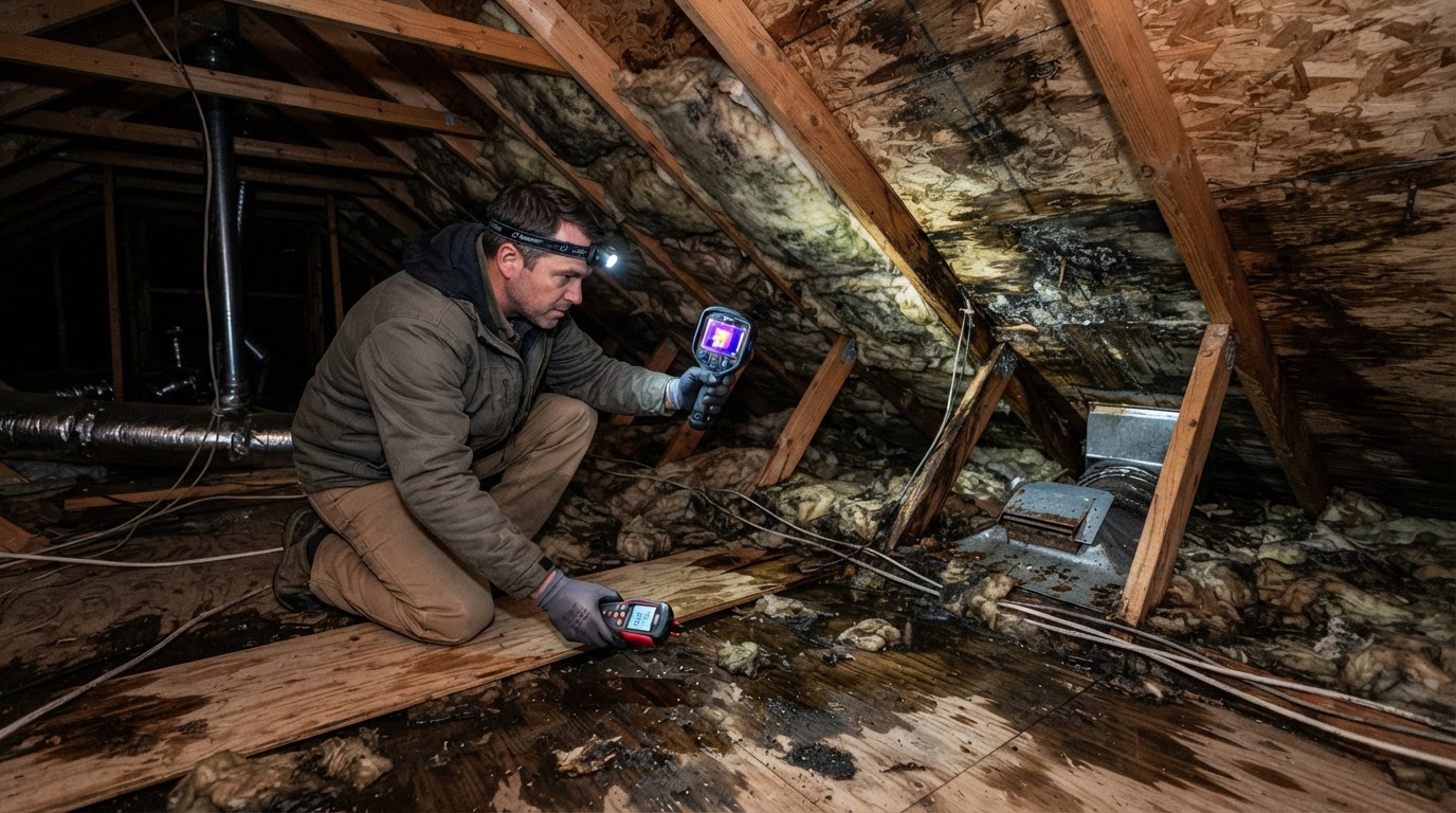 Attic with water damage and moisture intrusion, discolored wet insulation between roof rafters, water staining on the attic floor decking and roof sheathing, moisture meter and infrared camera during professional attic moisture assessment