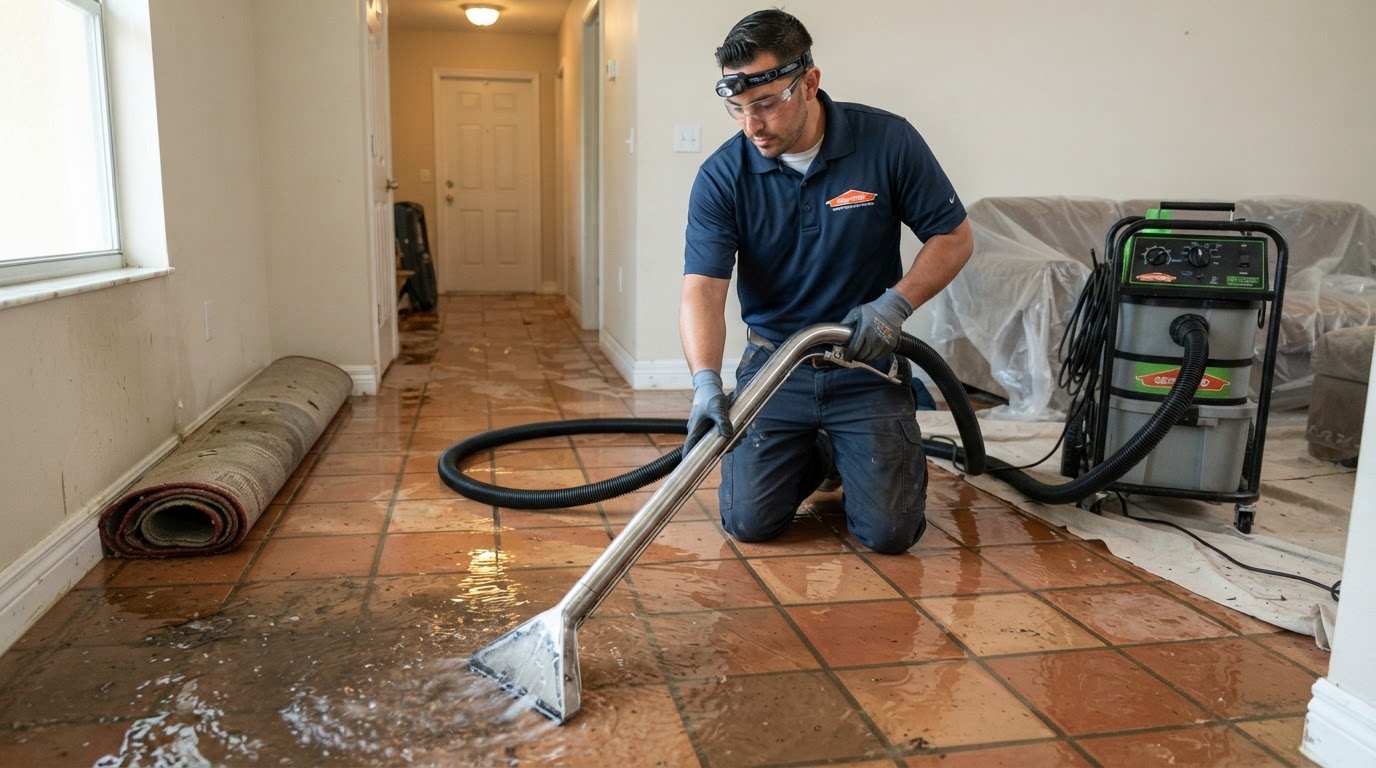 Homeowner using a phone to photograph water-damaged flooring and baseboards while shutting off a water shutoff valve during the first hours after discovering a plumbing leak