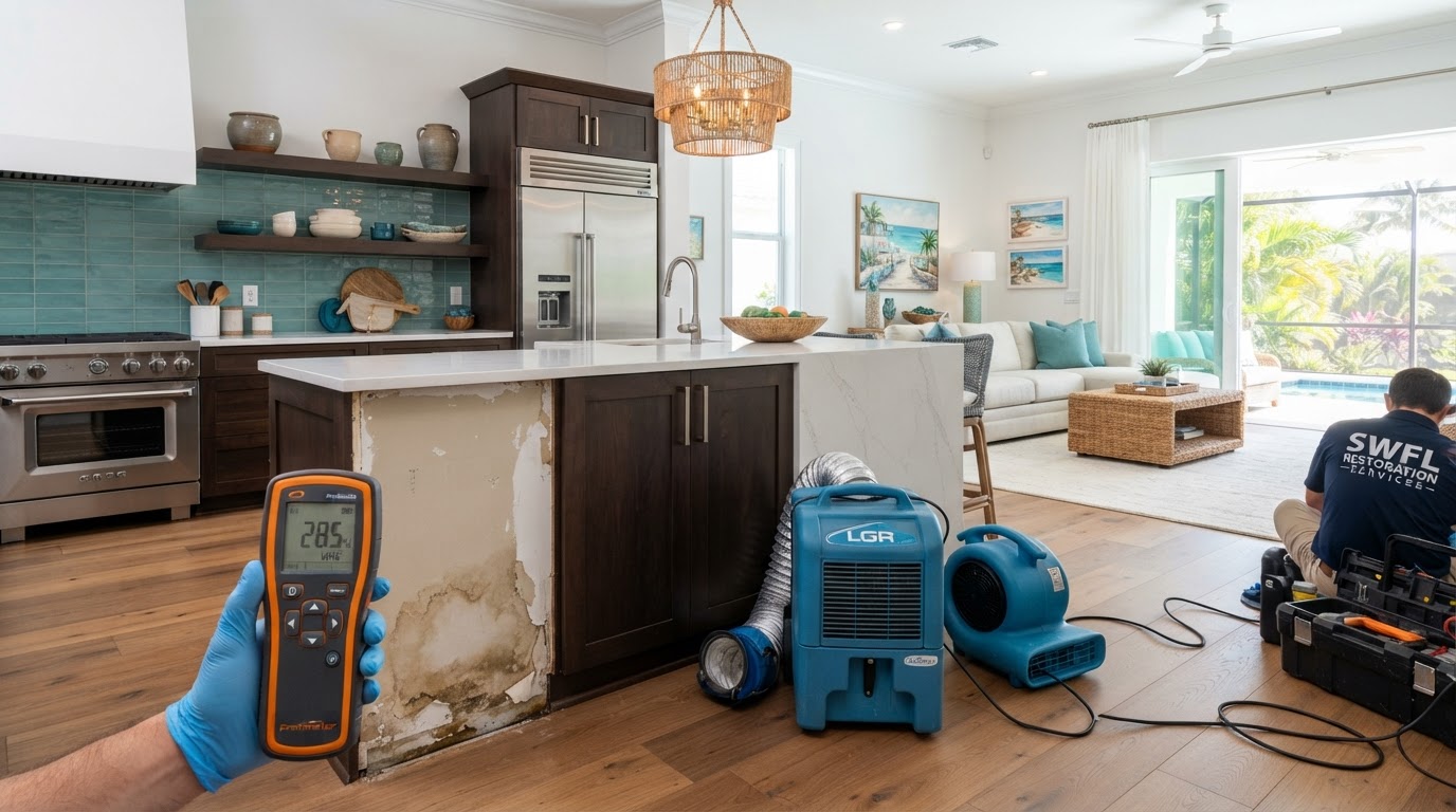 Upscale Southwest Florida vacation rental kitchen interior with a moisture meter and drying equipment assessing plumbing-related water damage near cabinets