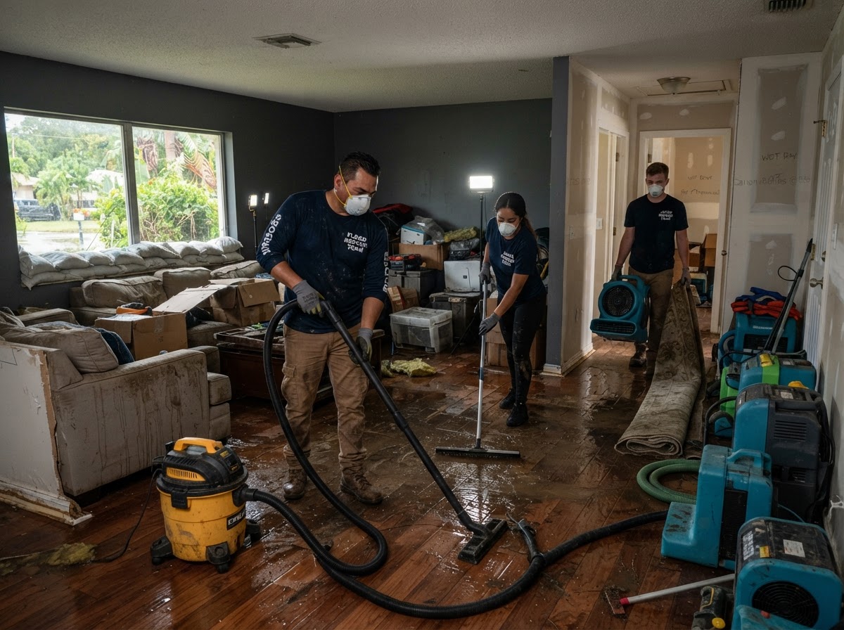 Professional flood damage cleanup inside a residential property after water intrusion