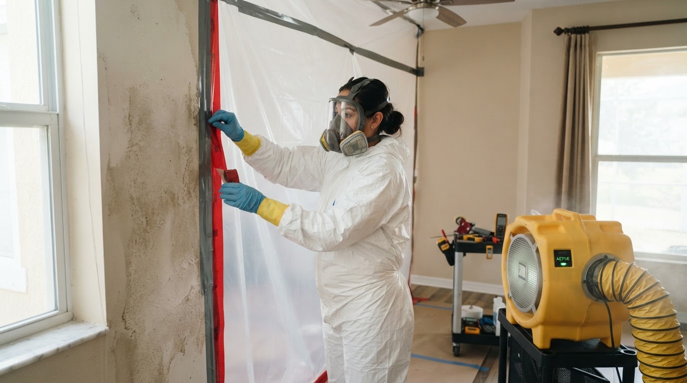 Mold remediation technician in protective equipment setting up containment around moisture-damaged drywall inside a Florida home