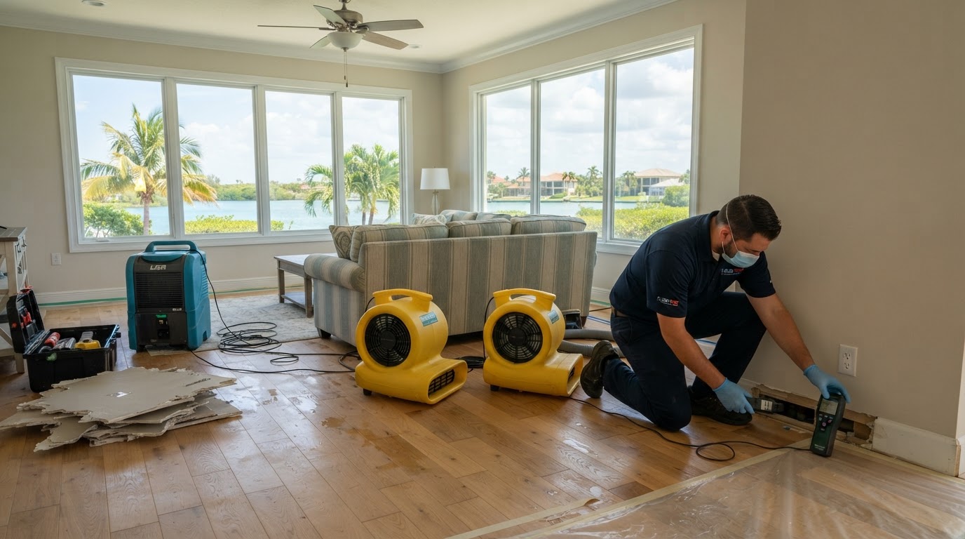 Professional water damage restoration underway in a Punta Gorda residential living room with moisture meters and industrial drying fans operating