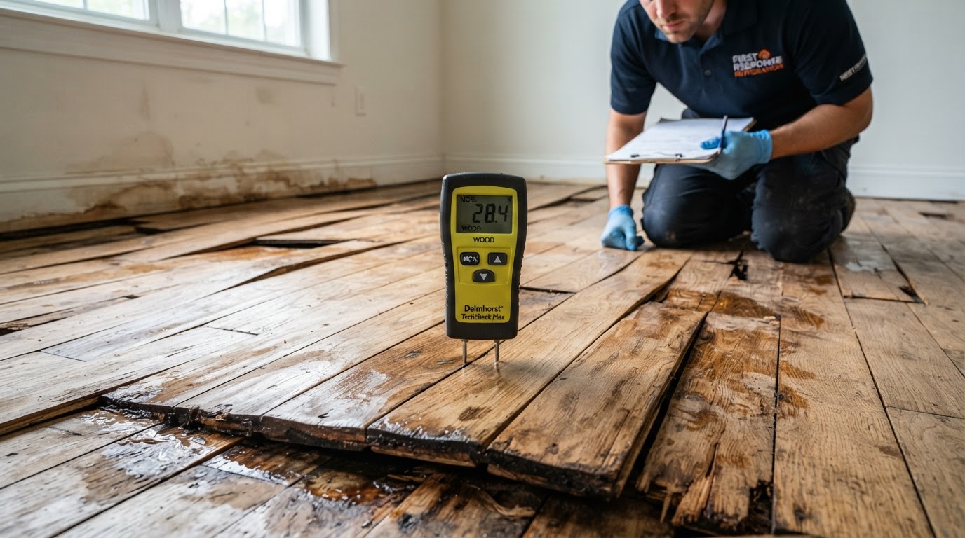Hardwood wood flooring with visible cupping, crowning and buckling damage from water exposure, warped plank edges and gaps between boards, with a moisture meter resting on the floor during professional water damage assessment