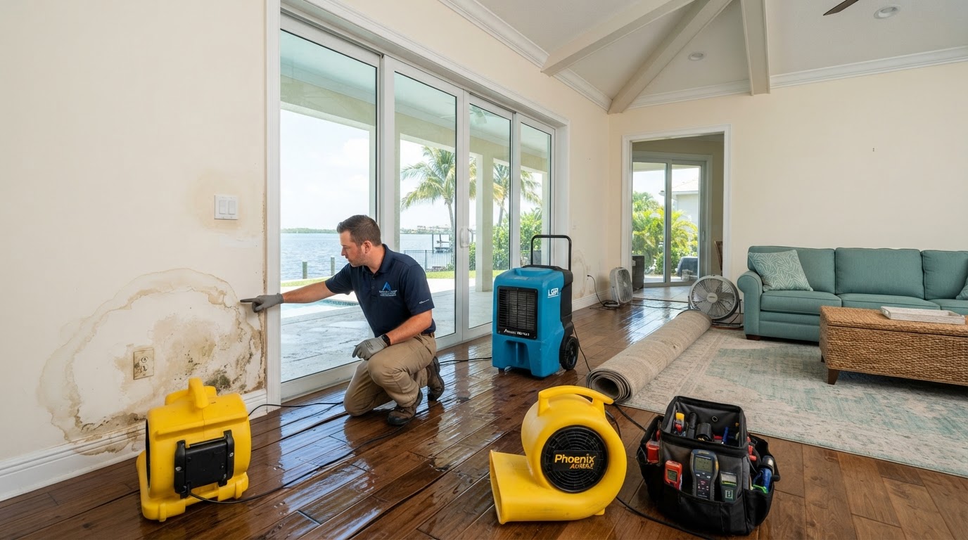 Coastal hurricane water damage restoration in a Cape Haze peninsula home interior with a restoration technician assessing water-stained drywall and flooring near sliding glass doors