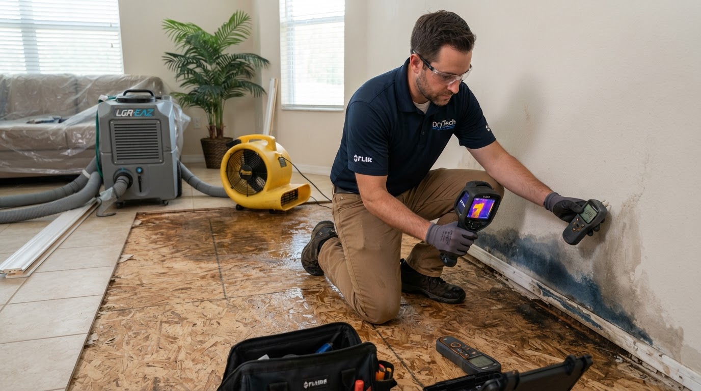 Professional moisture assessment and structural drying in a Solana Florida residential home, with thermal imaging camera and moisture meter evaluating damp drywall and wet subfloor, dehumidifier and air mover equipment in a clean interior