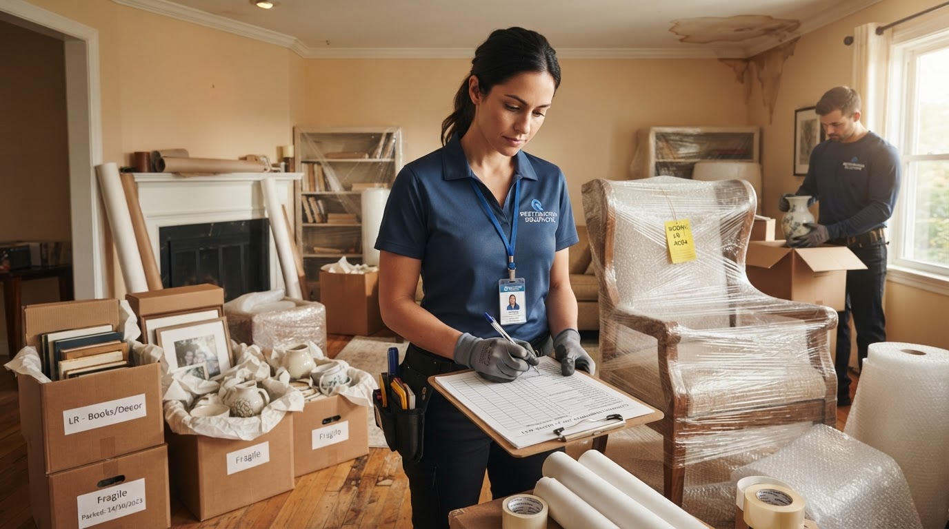 Restoration technician inventorying and carefully packing labeled household belongings during a professional contents pack-out