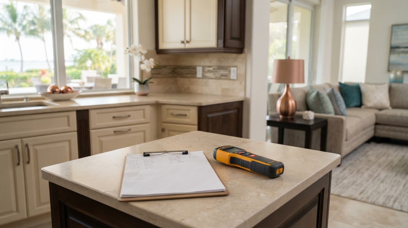 Upscale Southwest Florida residential property interior with a clipboard and moisture meter resting on a warm-ivory countertop during a professional restoration assessment