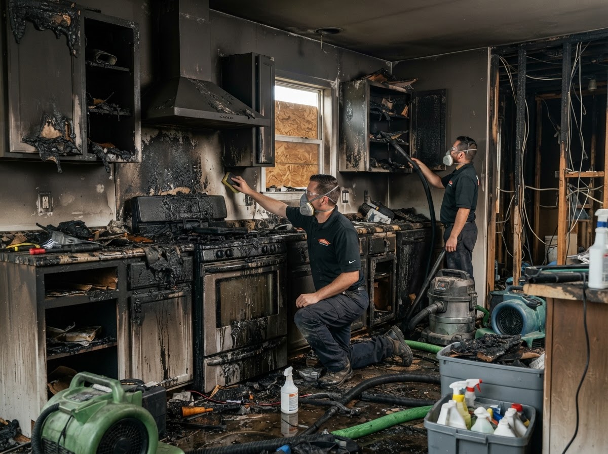 Professional fire damage restoration and soot cleanup inside a residential property