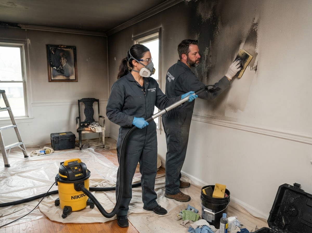Restoration technician cleaning soot and smoke residue from interior walls
