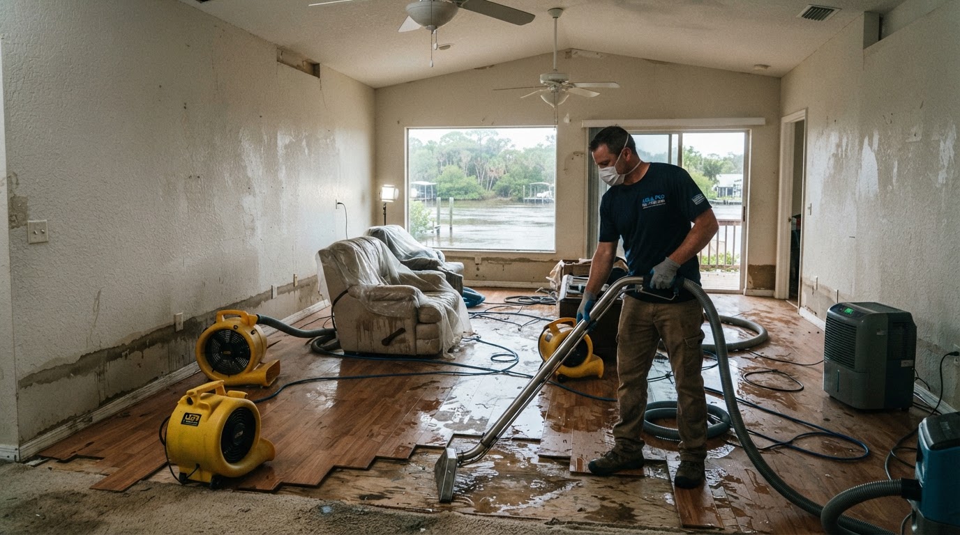Interior flood cleanup in a Harbour Heights residential home near the Peace River, with water extraction vacuum and structural drying fans set up in a living room with visible water lines on walls