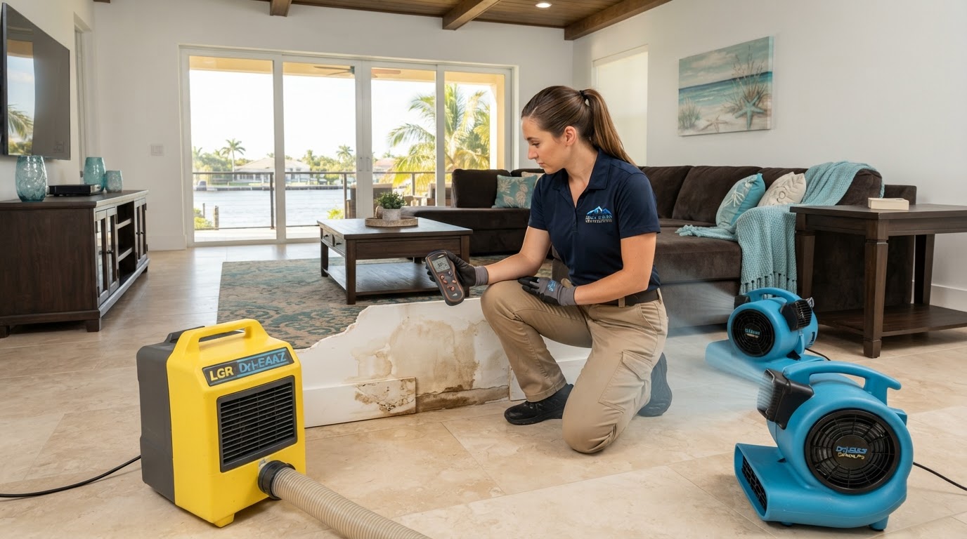 Professional water damage restoration in an Englewood coastal residential living room with a restoration technician using a moisture meter on water-stained drywall and drying equipment on tile flooring