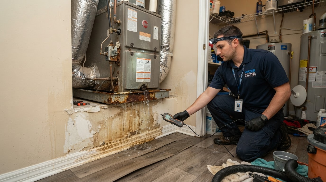 Florida home utility closet with an overflowing AC air handler condensate pan dripping onto water-damaged drywall and warped flooring, with a technician inspecting the moisture