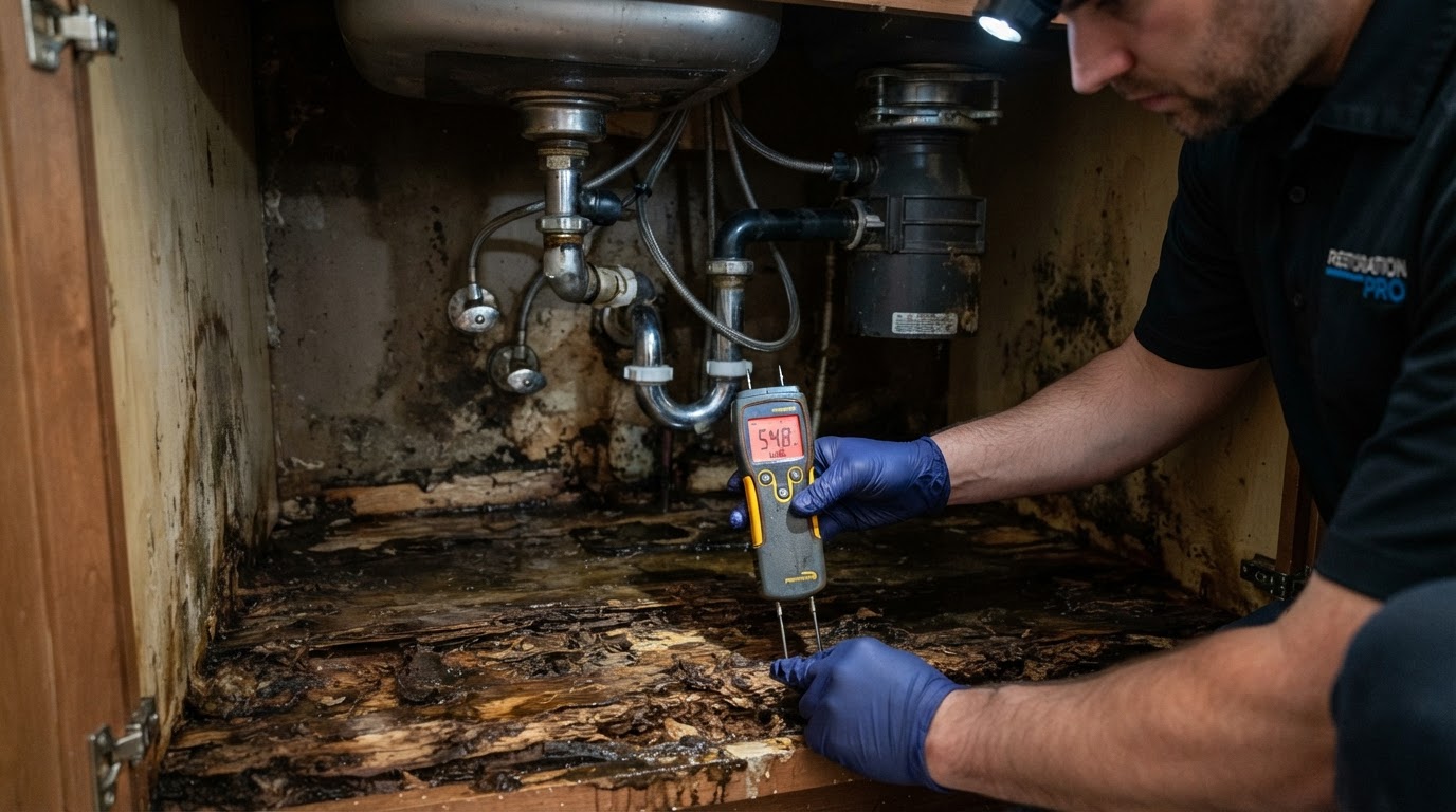 Kitchen cabinet under-sink area with swollen delaminated cabinet base and water damage, moisture meter probing the particleboard cabinet floor during professional water damage assessment